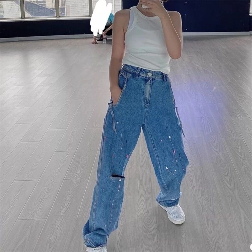 Wide-Leg Paint-Splatter Blue Jeans for Women